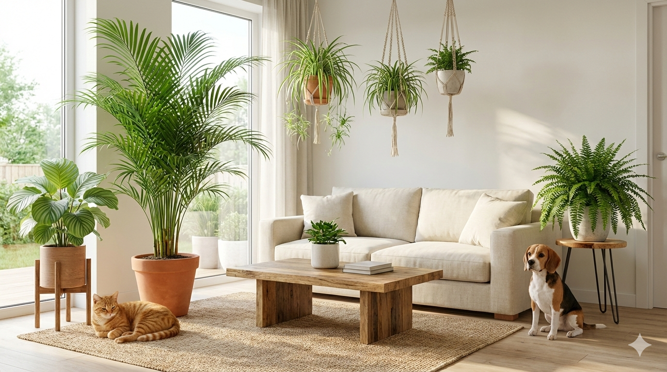 A bright, modern living room filled with pet-friendly indoor plants, including spider plants, areca palm, calathea, and Boston fern, arranged in stylish pots. A relaxed cat and a small dog sitting safely beside the plants, natural sunlight coming through large windows, clean minimalist home decor, cozy and welcoming atmosphere, ultra-realistic photography style, high detail, soft natural shadows, vibrant green leaves, no text, no watermark, 16:9 aspect ratio